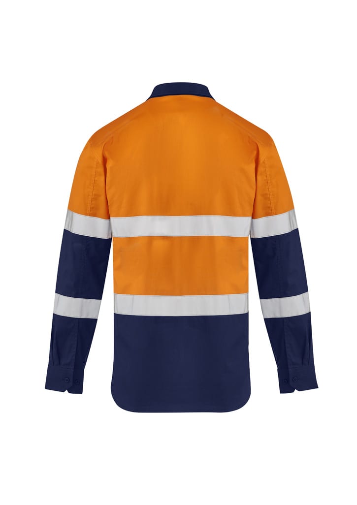 A long-sleeve work shirt in orange and navy, featuring reflective stripes and a brand logo.