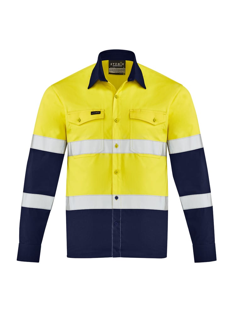 A yellow and navy long sleeve work shirt featuring reflective stripes and a logo on the chest.