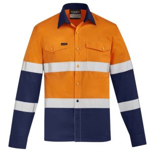 A long sleeve work shirt in orange and navy, featuring reflective stripes and a logo.