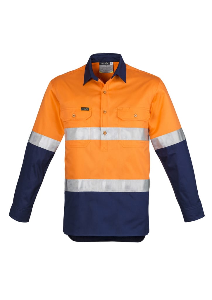 A long sleeve work shirt featuring orange and navy colours with reflective hoop taping and a logo.