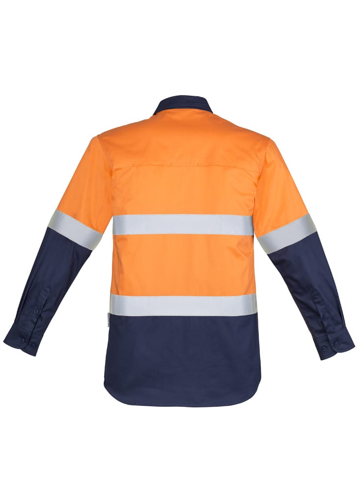 Long sleeve work shirt in orange and navy, featuring reflective hoop tape and a closed front design.