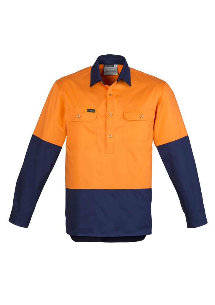 A long sleeve work shirt in orange and navy with a logo, featuring a closed front and two chest pockets.