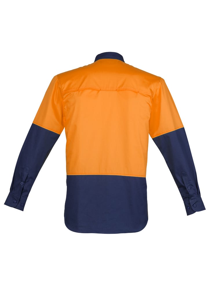 A long sleeve shirt featuring an orange upper section and navy blue lower section, with a back vent and buttoned cuffs.