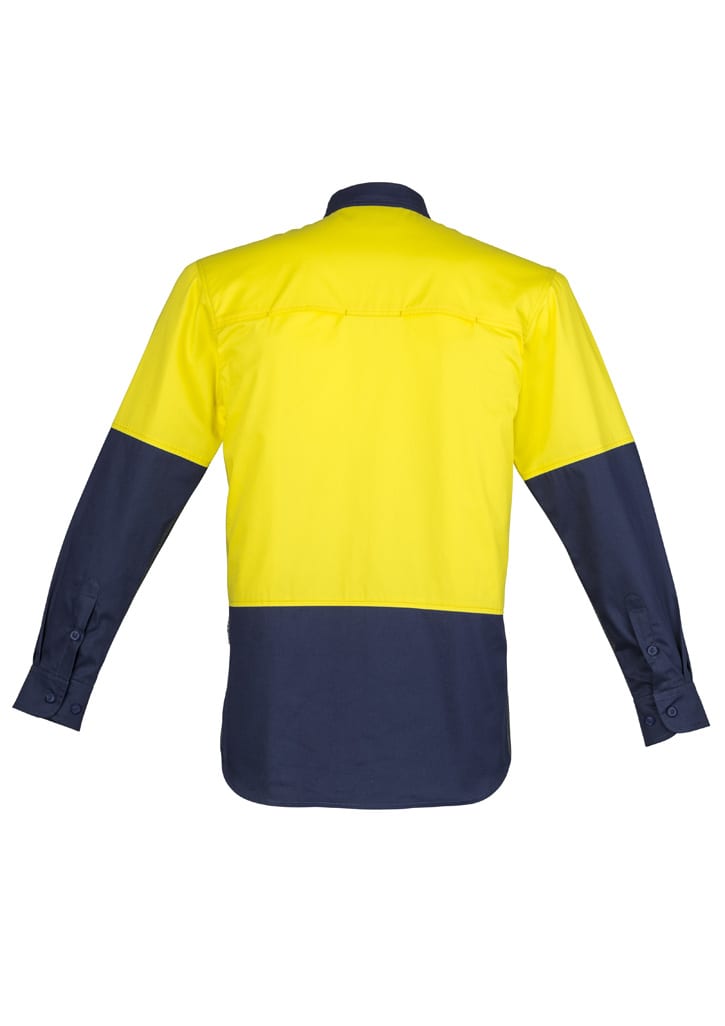A long sleeve shirt featuring a closed front design, primarily yellow with navy blue sleeves and a logo.