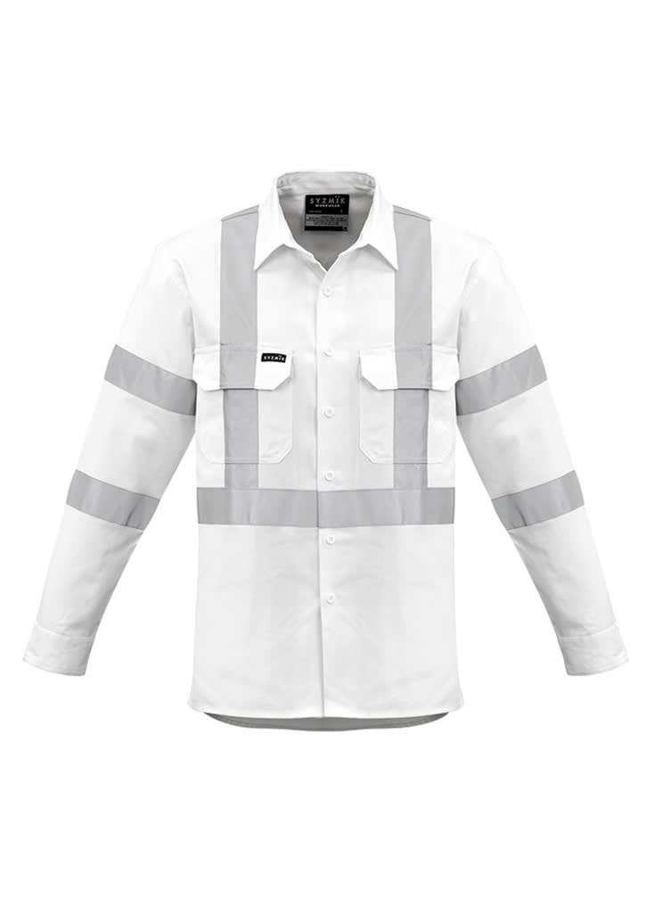 A long sleeve white work shirt with grey reflective stripes and two chest pockets, featuring a logo.