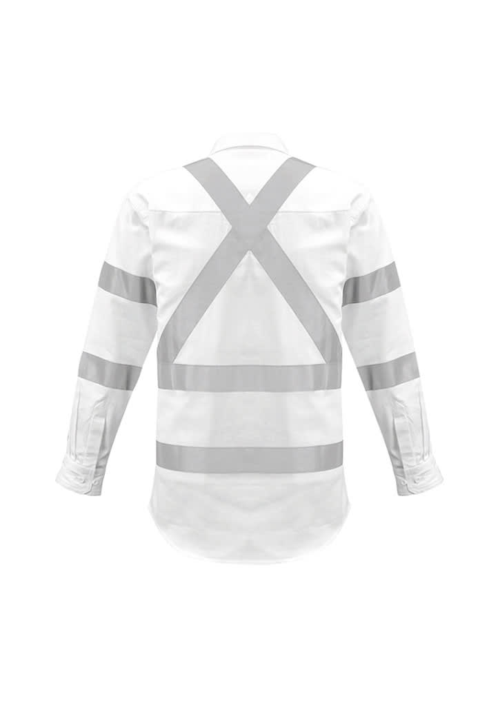 A long sleeve white work shirt featuring reflective tape in an X pattern on the back. It includes a logo.