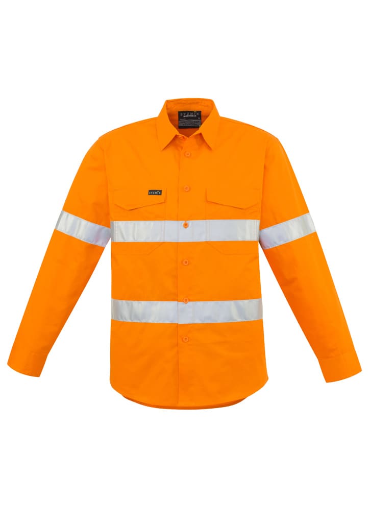 A long sleeve shirt in bright orange with reflective hoop tape and a logo on the chest.