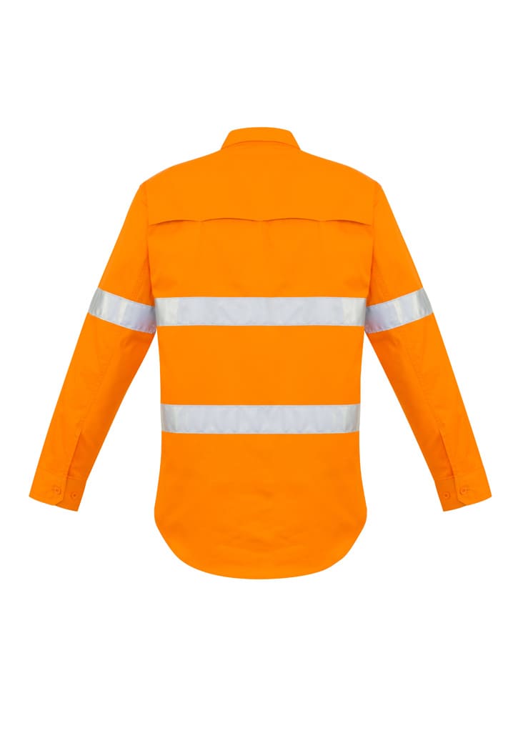 An orange long sleeve shirt with reflective hoop tape across the shoulders and sleeves, featuring a plain back.