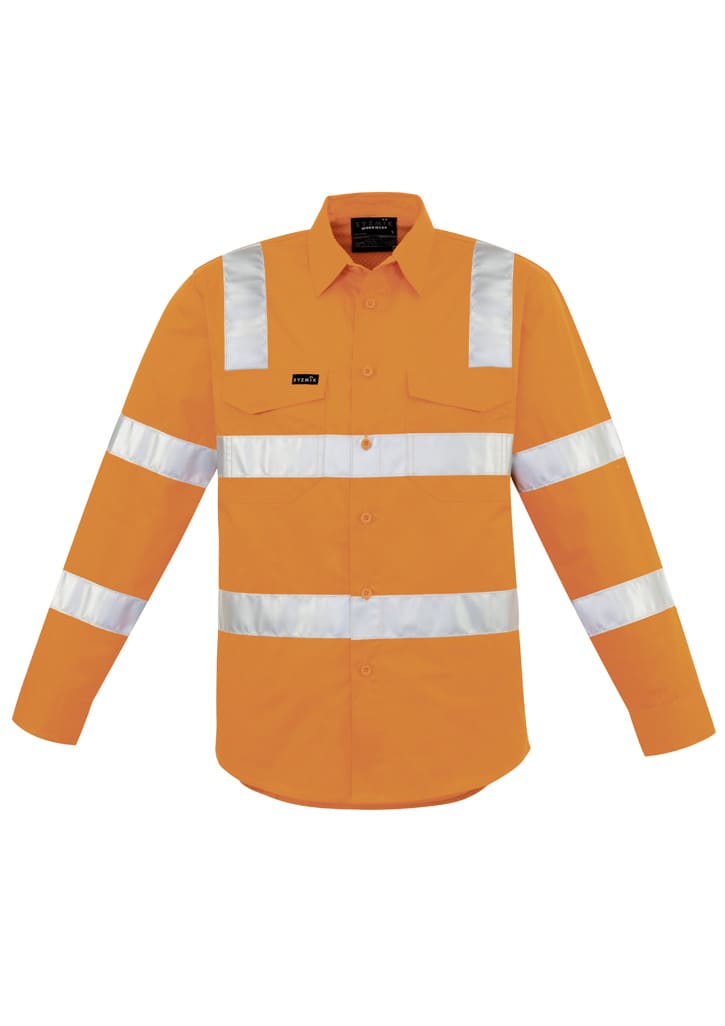 An orange long sleeve work shirt with reflective stripes and a logo on the chest.