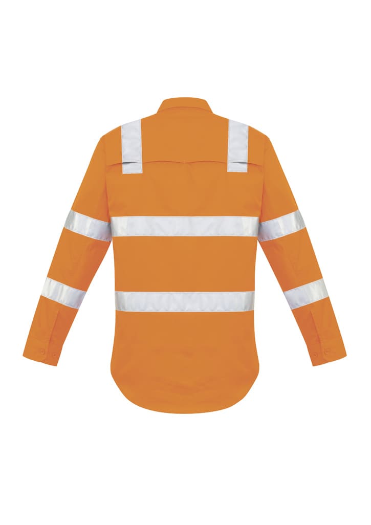An orange long sleeve work shirt with reflective stripes across the back and arms, featuring a branding logo.