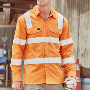 An orange long sleeve shirt with reflective stripes and a logo, worn by a man holding a drink bottle.