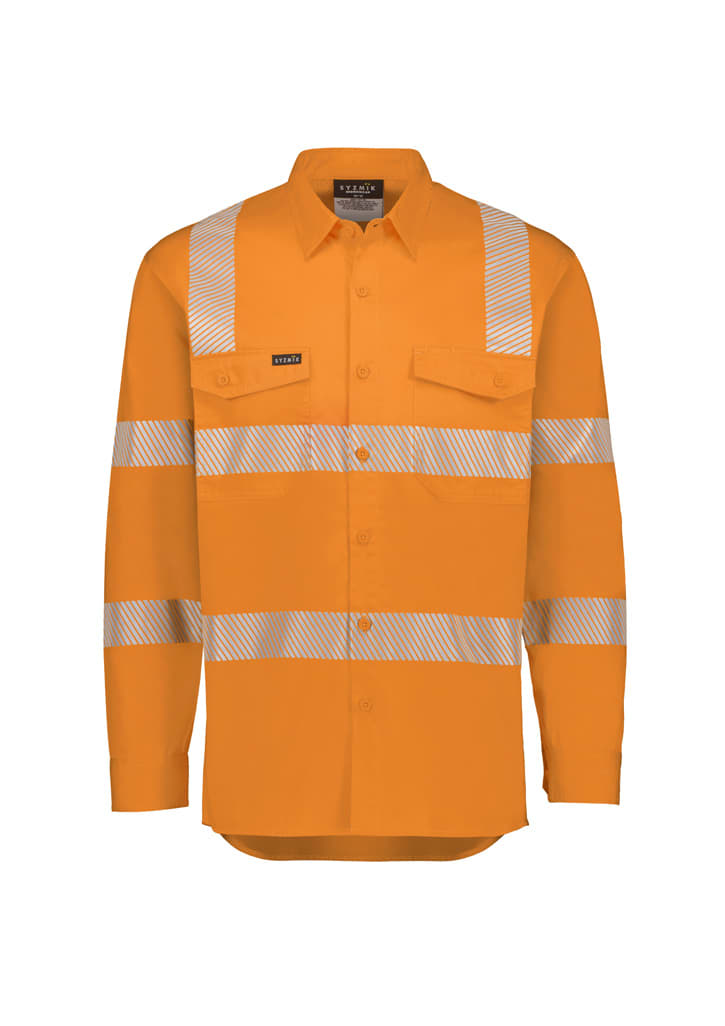An orange long-sleeve work shirt with segmented reflective tape and two chest pockets, featuring a logo.