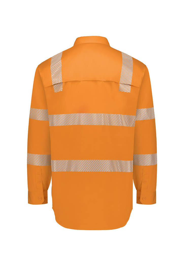 High-visibility orange men's work shirt featuring segmented reflective tape on the back. Includes a logo.