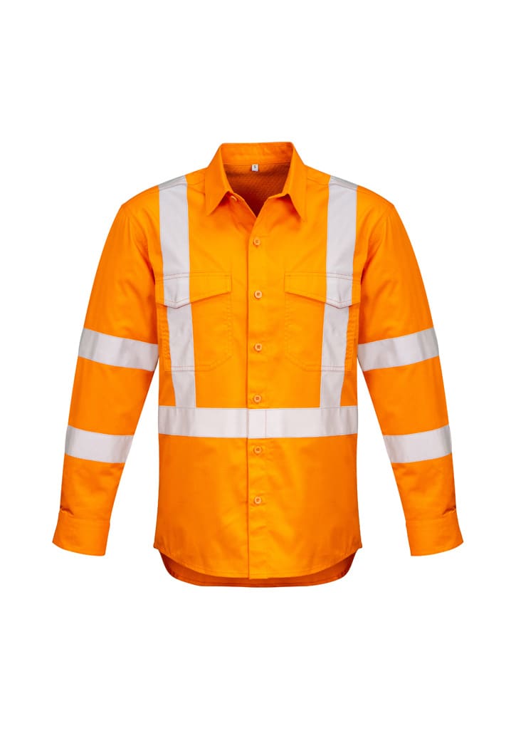 A long sleeve work shirt in bright orange with reflective white stripes and pockets, featuring a logo.