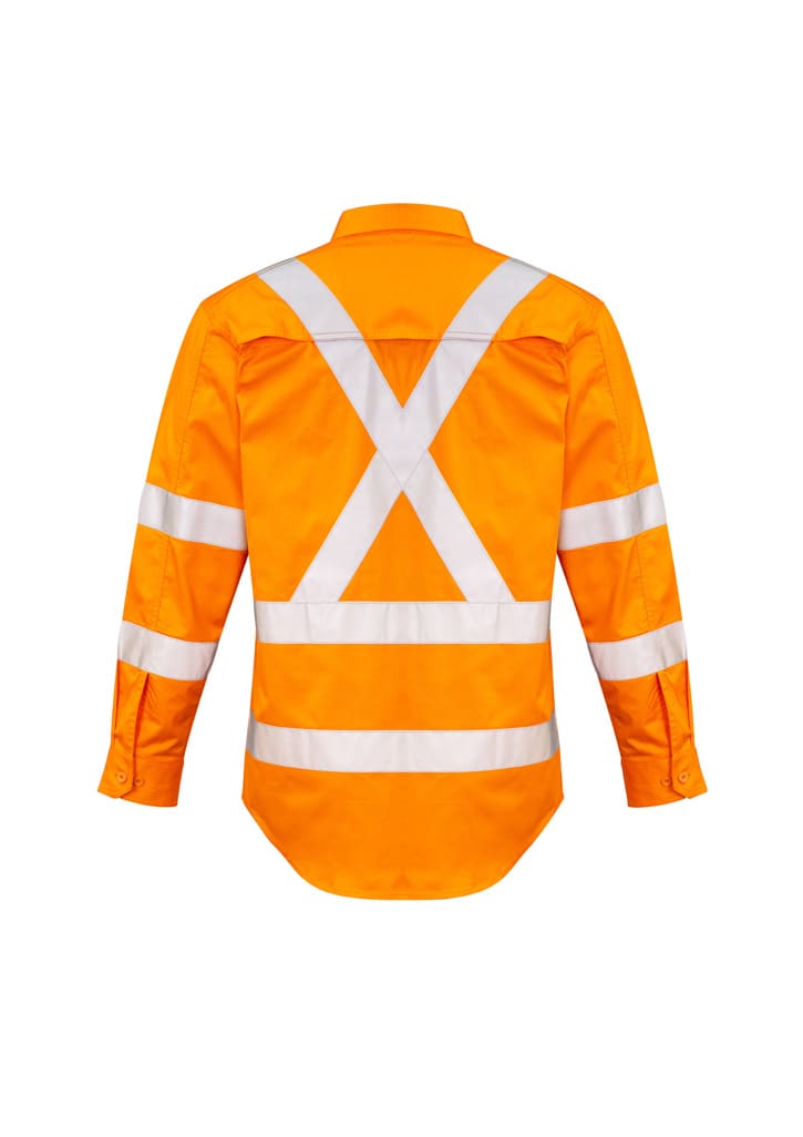 A men's long sleeve shirt in bright orange with reflective X-back taping and a logo.