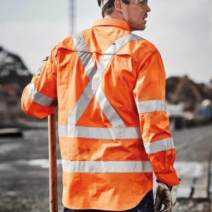 A long sleeve work shirt in high visibility orange with reflective tape, perfect for outdoor work environments.