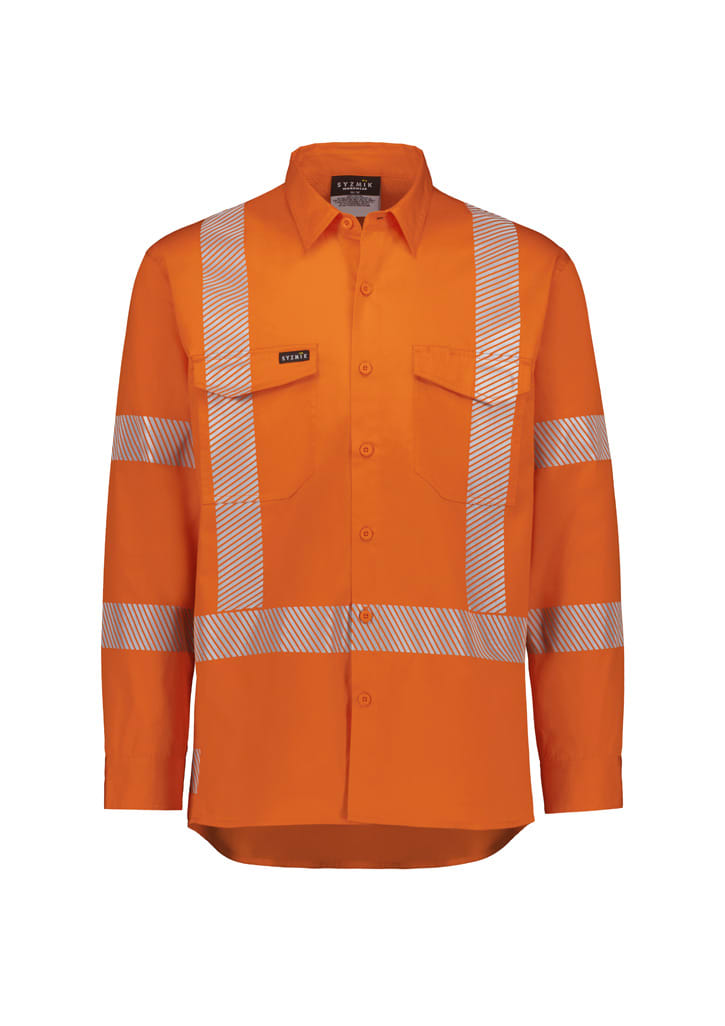 Hi-vis orange shirt featuring segmented reflective tape across the chest and arms, with two front pockets and a logo.