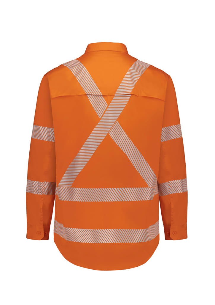 A long-sleeved men's hi-vis shirt in orange with segmented reflective tape in an X pattern on the back.