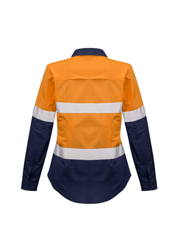 A women's long sleeve shirt in orange and navy, featuring reflective tape and a logo.