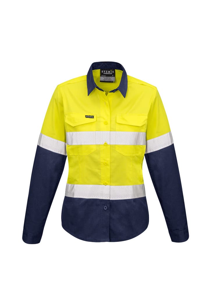 A long sleeve work shirt in bright yellow and navy, featuring reflective tape and a logo on the chest.