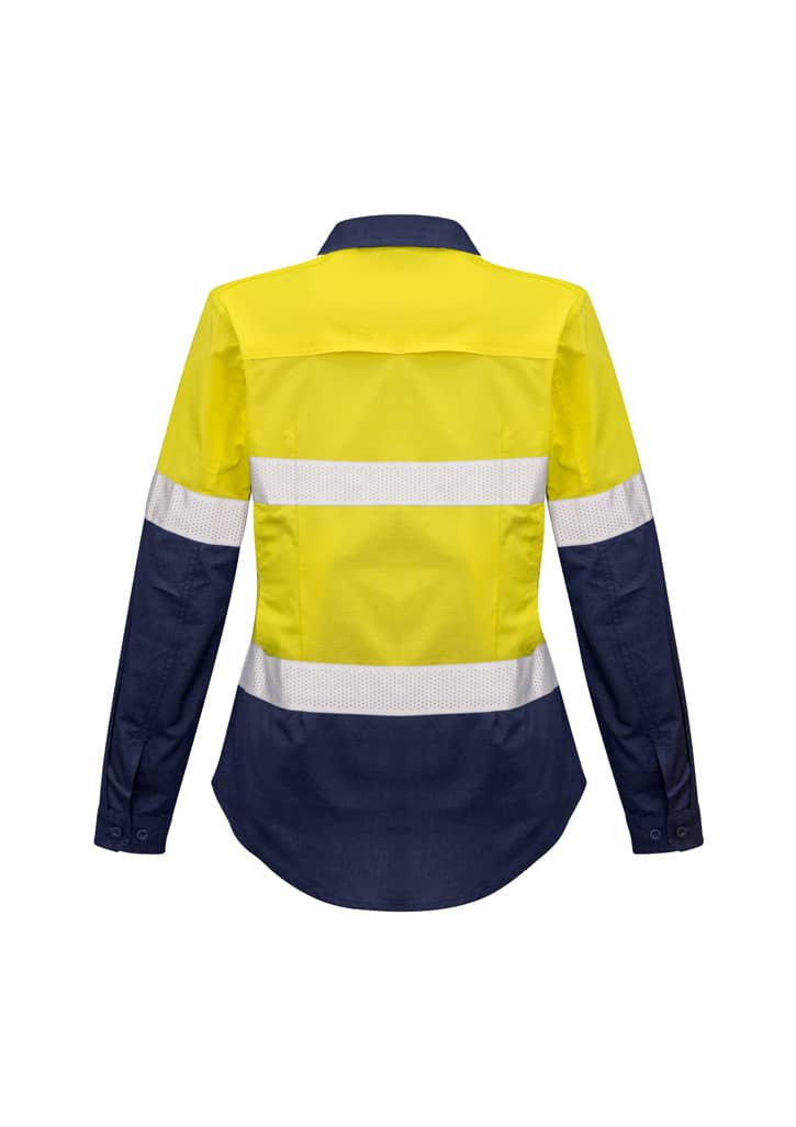 A long-sleeve shirt featuring a navy base with bright yellow panels and reflective strips, designed for visibility.