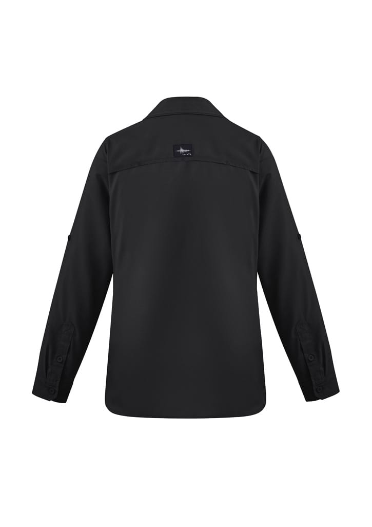 A black women's long sleeve button-up shirt featuring a back yoke and a logo.