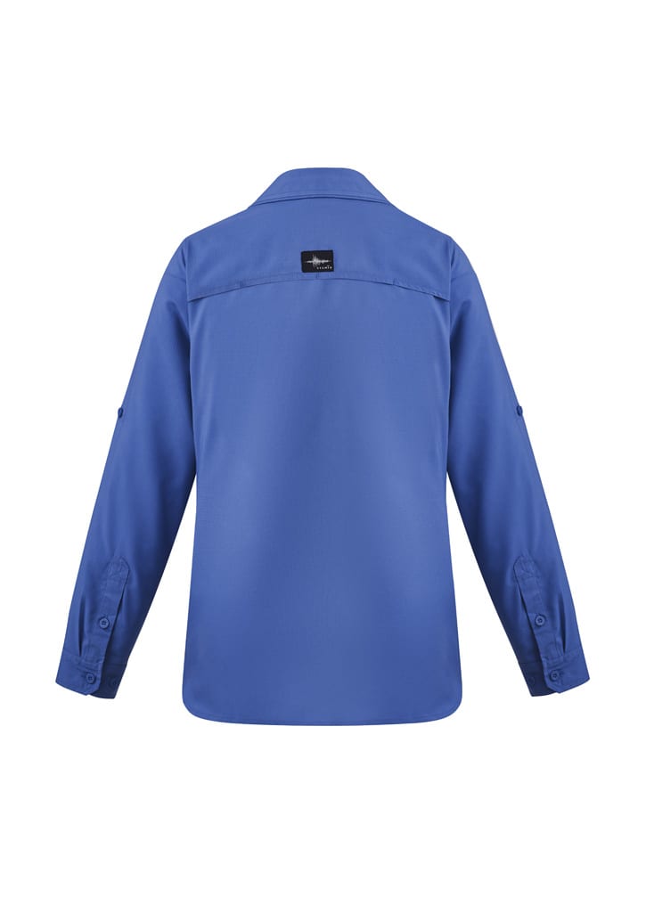 A blue women's long sleeve button-up shirt with a logo on the back.