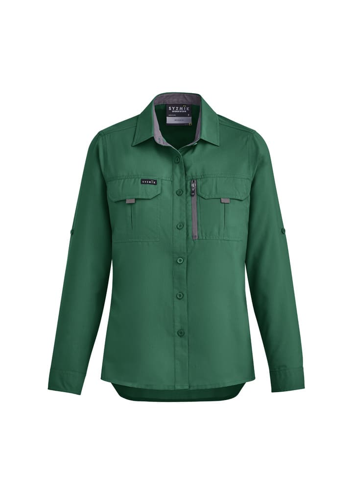 A green women's outdoor long sleeve button-up shirt featuring two front pockets and a zipper pocket, with a logo.
