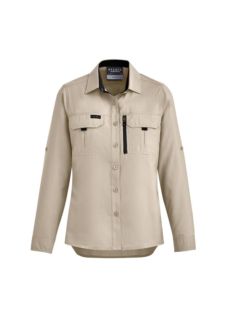 Womens long sleeve button-up shirt in beige with two front pockets and a logo.