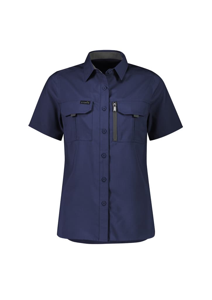 A women's short sleeve shirt in navy blue with multiple pockets and a logo.