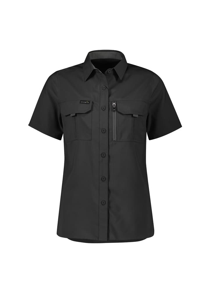 A black women's outdoor short sleeve shirt featuring two front pockets and a zip pocket, with a logo on the chest.