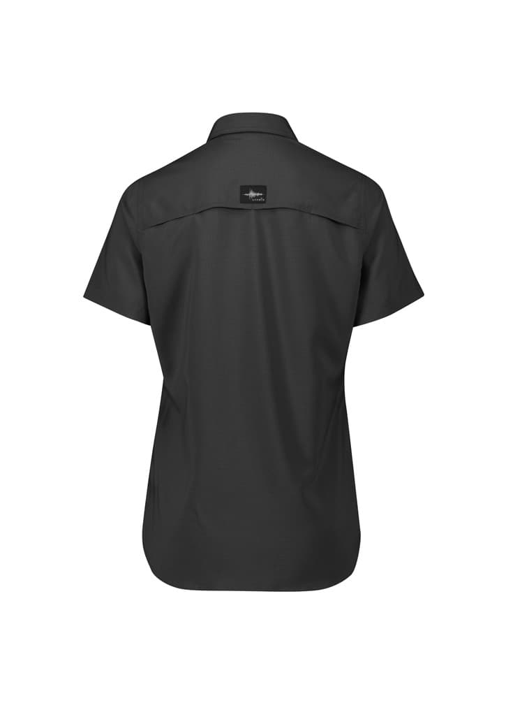 A short sleeve women's outdoor shirt in black, featuring a logo on the back.