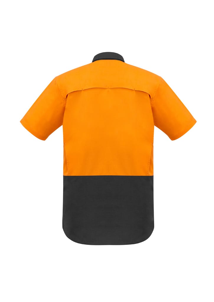Hi-vis short sleeve shirt featuring an orange upper section and a black lower section, with a logo.