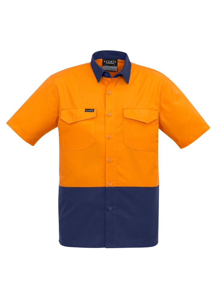 A short sleeve work shirt featuring an orange upper and navy blue lower section, with a logo and two chest pockets.