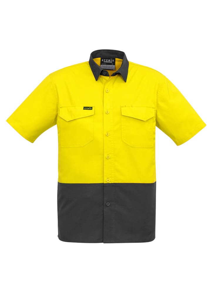 Hi-vis short sleeve shirt in yellow and grey, featuring two chest pockets and a logo. Suitable for workwear.