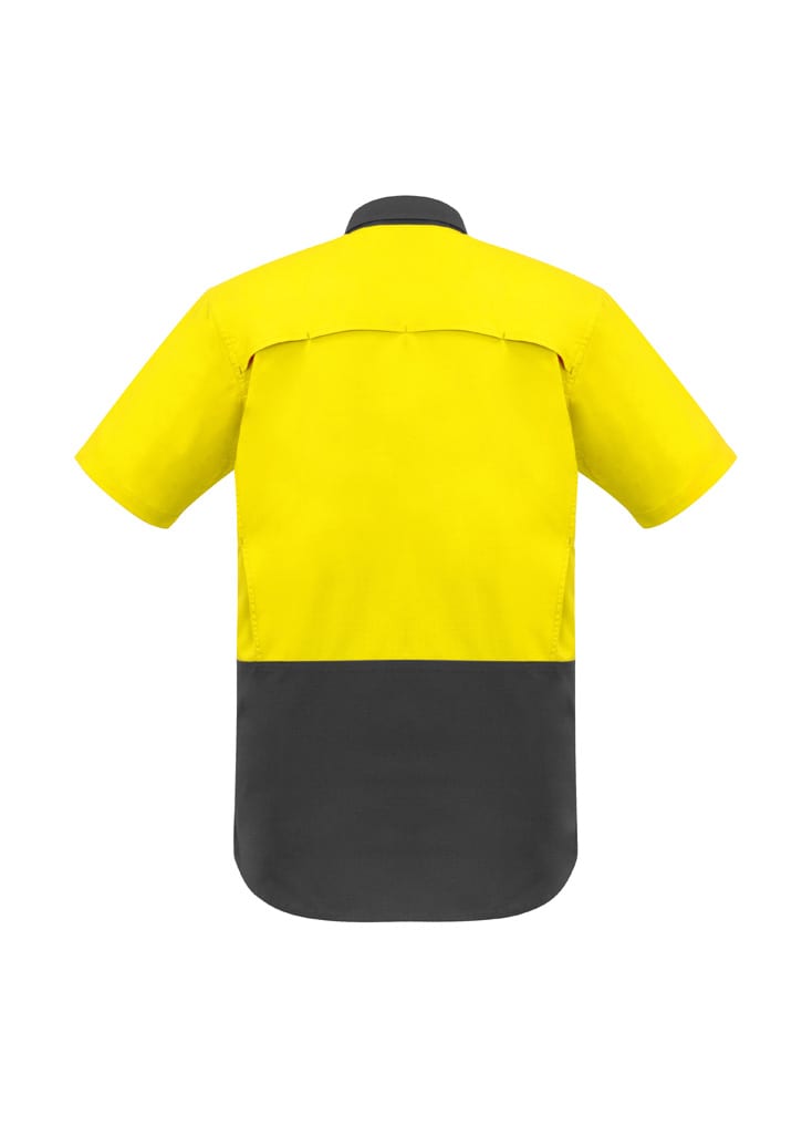 A short sleeve shirt featuring a bright yellow upper and dark grey lower section, with a logo on the back.