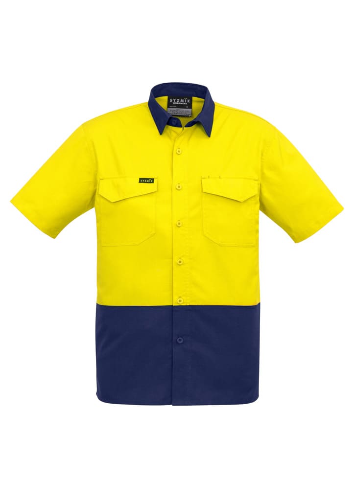 A short sleeve shirt in high visibility yellow and navy blue, featuring two front pockets and a logo.