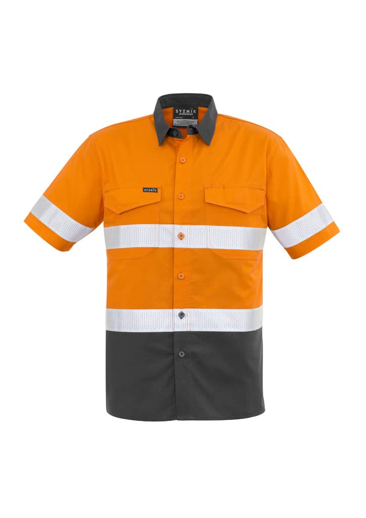 A short sleeve work shirt in orange with reflective tape and a dark grey bottom section, featuring a logo.
