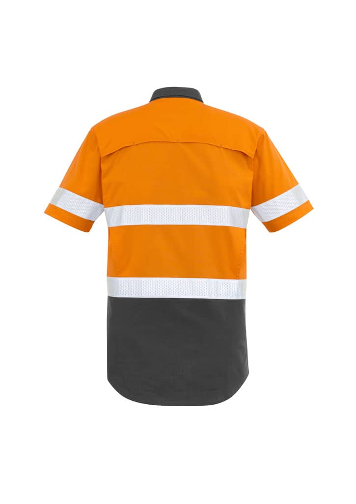A short-sleeve work shirt featuring orange and grey fabric, with reflective taping for visibility and a logo.
