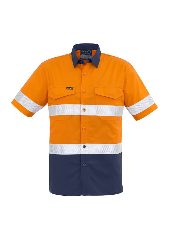 A short sleeve work shirt in orange and navy blue with reflective tape and a logo.