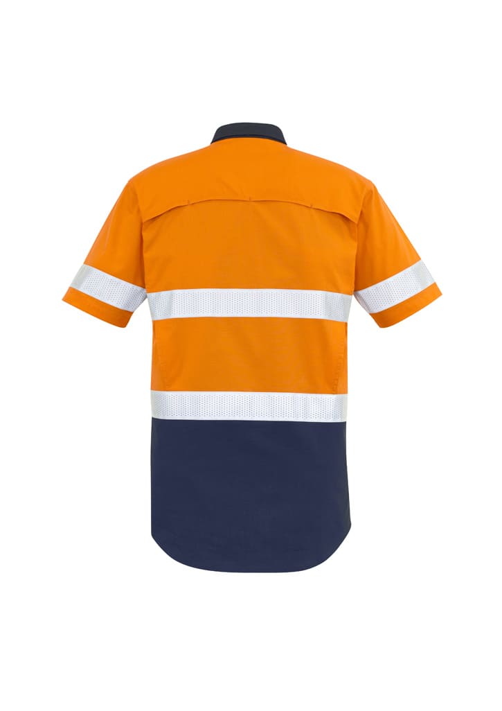 A short sleeve shirt featuring a vibrant orange upper with navy blue lower sections and reflective tape bands.