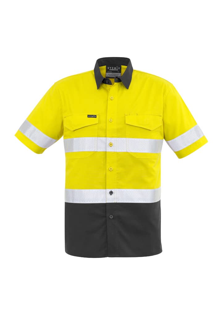 A short sleeve, high visibility work shirt in bright yellow with reflective tape and a black bottom. Includes a logo.