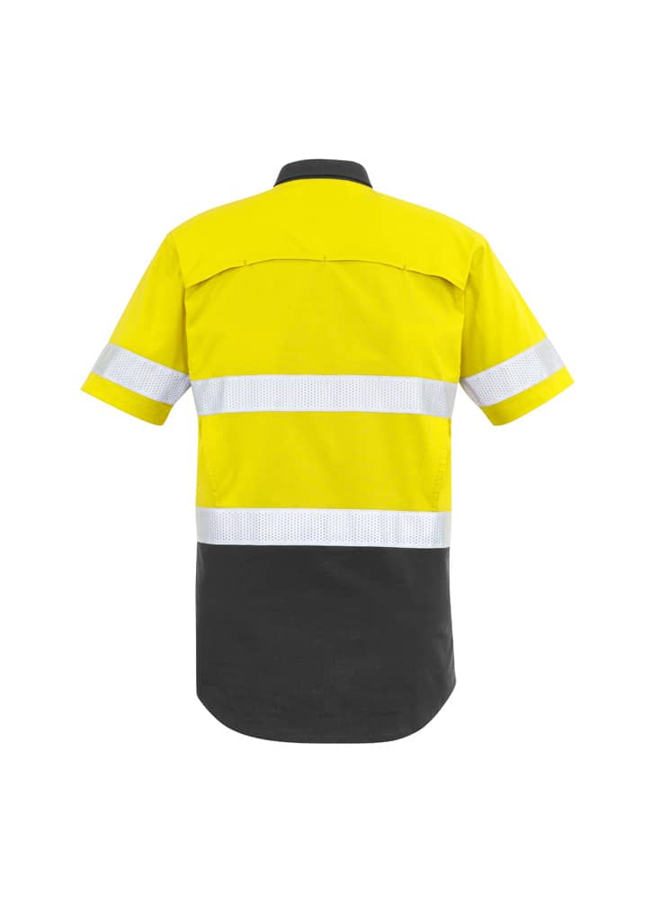 A yellow and black short sleeve shirt with reflective tape, featuring a logo on the upper back.