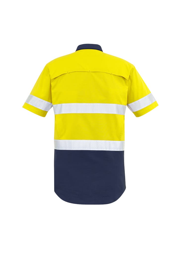 A yellow and navy short sleeve work shirt with reflective tape and a logo. Suitable for high visibility needs.