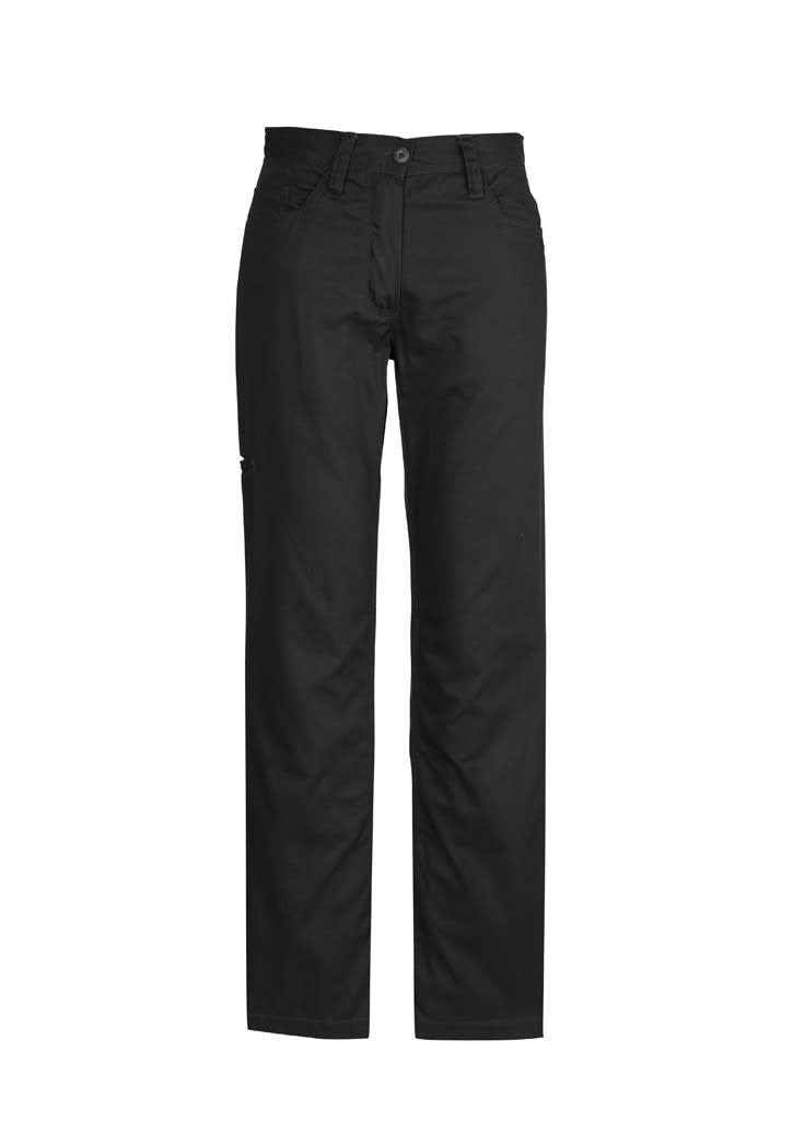 A pair of black utility pants with a standard fit and pockets, featuring a subtle logo.