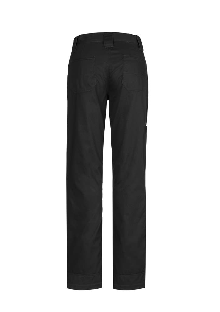 Black women's plain utility pants featuring a back view with pockets and a logo. Suitable for workwear.