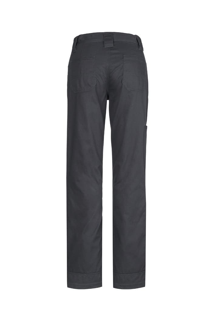 A pair of women's plain utility pants in dark grey, featuring back pockets and a side pocket.