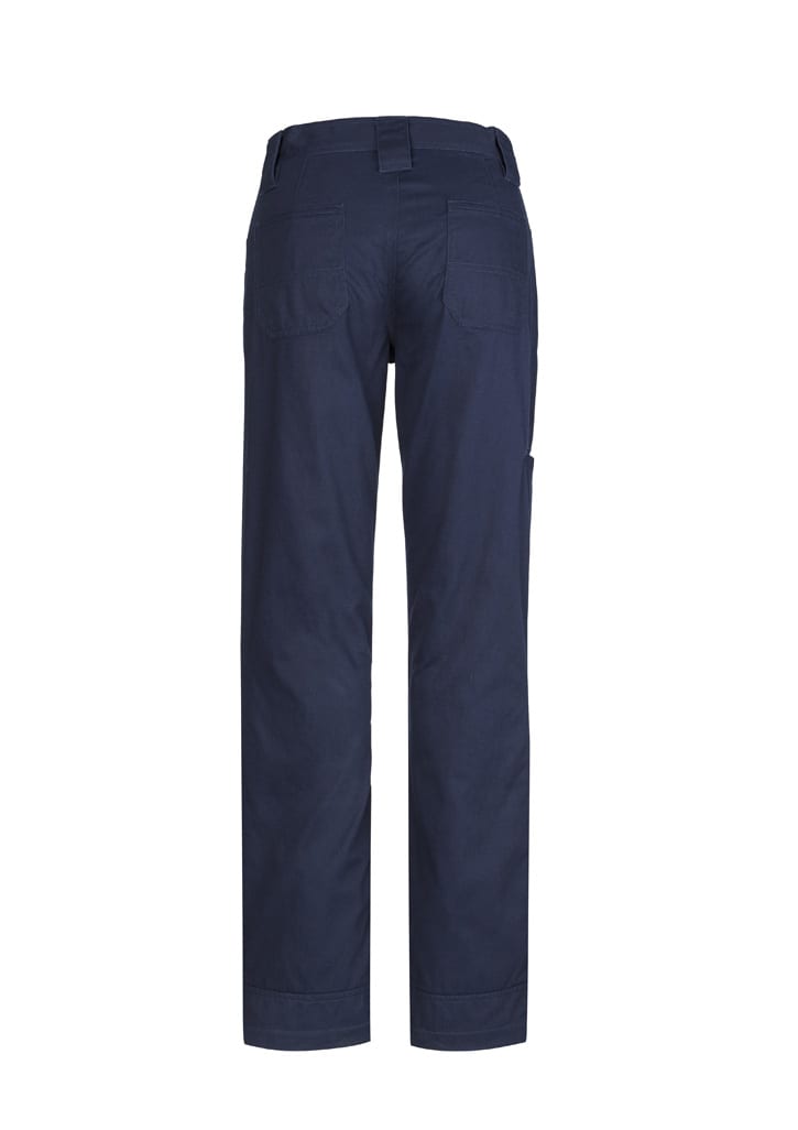 Navy women's plain utility pants featuring a relaxed fit and multiple pockets, with a logo on the waistband.
