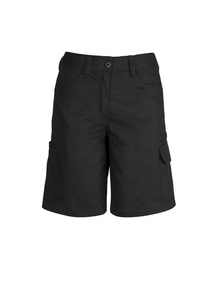 A pair of black utility shorts with side pockets and a straight fit, featuring a logo on the waistband.