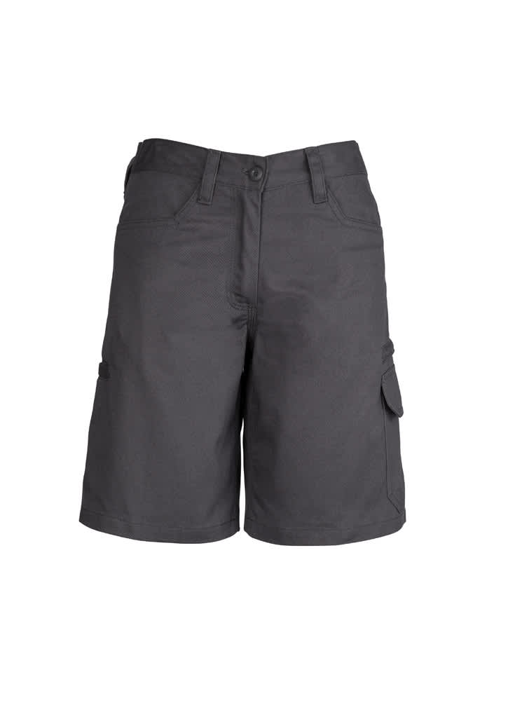 A pair of women's plain utility shorts in dark grey, featuring pockets and a branded label.